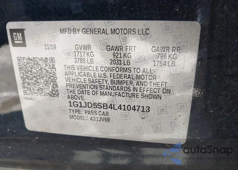 2020 Chevrolet Sonic Fwd Lt из США, поврежденный, VIN 1G1JD5SB4L4104713